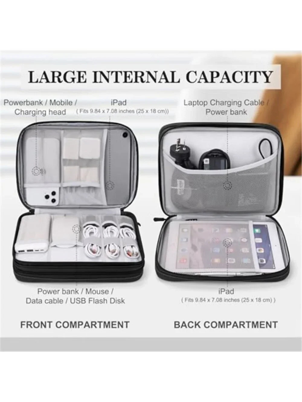 Extra Large Electronic Cable Organizer Bag Travel Cord Storage Pouch iPad Black